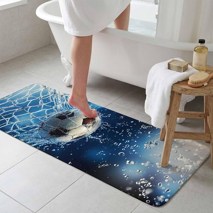 Soccer Ball Bathroom Runner Rugs Non Slip Washable Absorbent Narrow Long Bath Mat Wet Net Power Shot Blue Football Runner Rugs for Kitchen Hallway Bedroom Laundry Study Room 15.7"x47.2"