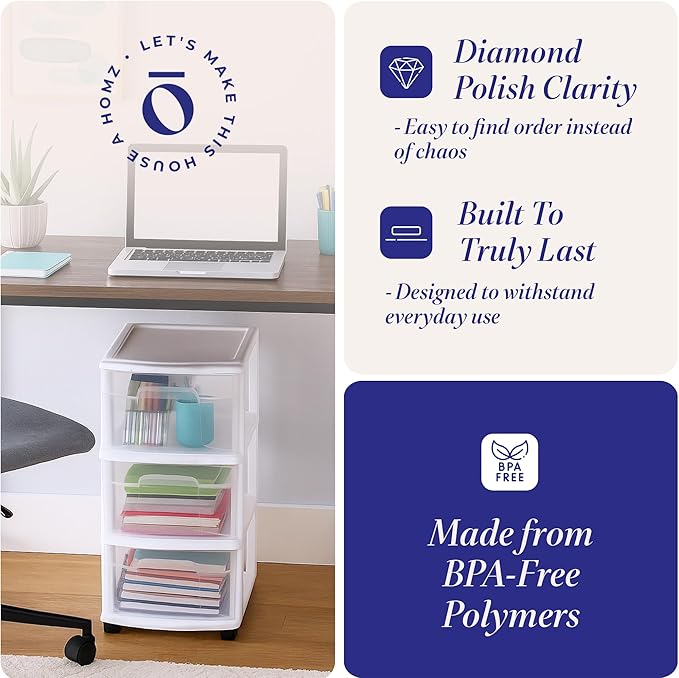 HOMZ Drawer Tower, 3-Tier Rolling Storage Cart with Removable Wheels, White Frame – Plastic Organizer with Clear Bin Drawers for Bedroom, Bathroom, Home Office, and Dorm Room