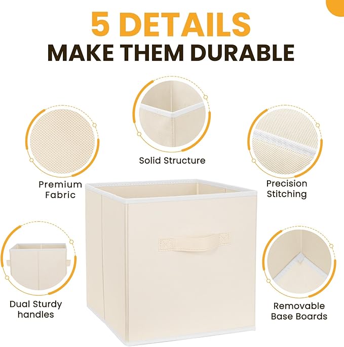 Large Storage Cubes, 13 Inch Cube Storage Bins for Shelves Closet Nursery Bedroom - 10 Pack Collapsible Storage Baskets with Handles - Fabric Bins for Organizing Magazines Clothes Toys (Beige)