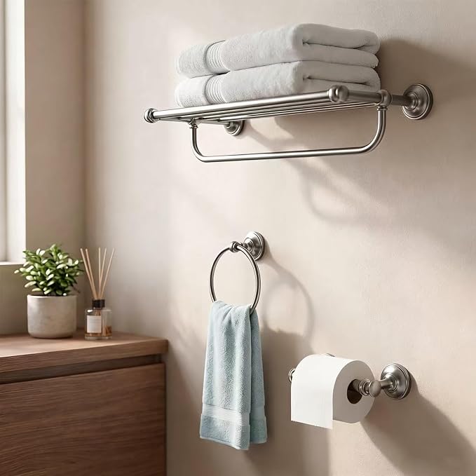 khtumeware Double Post Toilet Paper Holder Brushed Nickel Tissue Roll Holder for Bathroom Organization and Storage Single Double Toilet Tissue Holder Wall Bathroom Accessories (1-Pack)