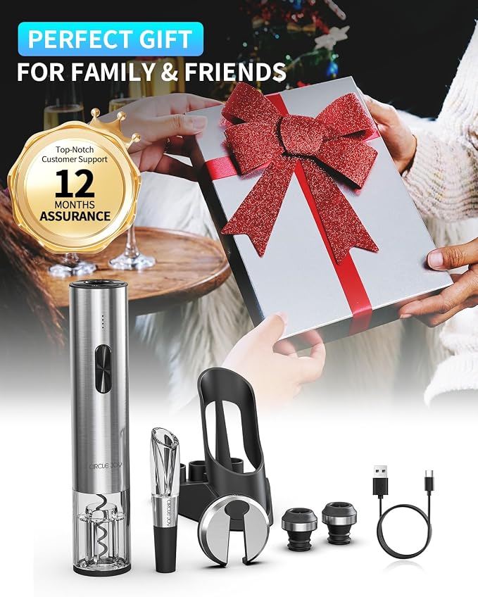 CIRCLE JOY Electric Wine Opener 7-in-1 Stainless Steel Rechargeable Electric Wine Bottle Opener Set with Automatic Vacuum Pump, Foil Cutter, Wine Pourer, 2 Vacuum Stoppers & Charging Station, Silver
