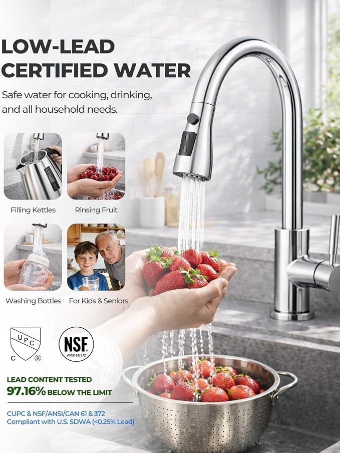 WEWE Kitchen Faucets with Pull Down Sprayer, Stainless Steel Single Handle 1 Hole for Family Kitchen Commercial Camper Laundry Rv Bar, Polished Chrome