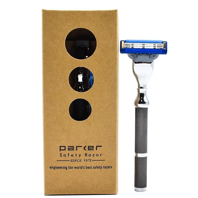 Parker 42M Mach3 Compatible Razor, Graphite All-Metal Brass Frame | Graphite All-Metal Razor With Brass Frame And Textured Grip; Accepts All Gillette Mach3 Cartridge Refills