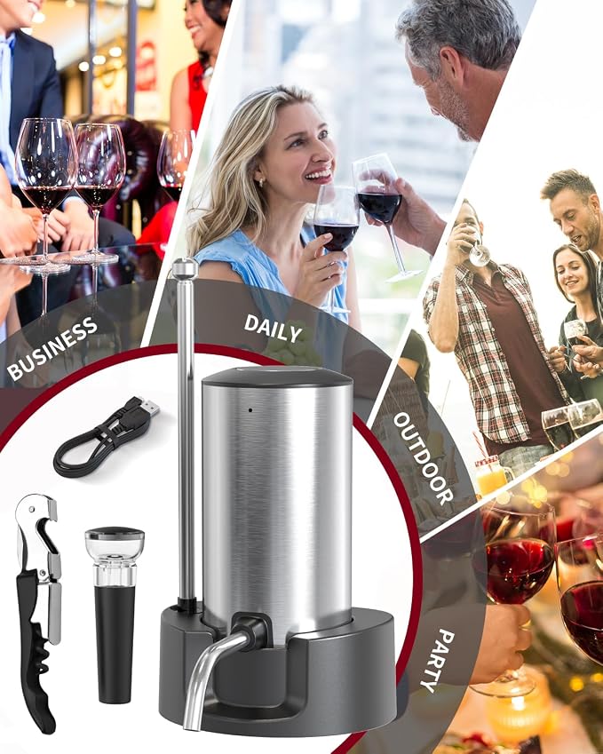 CIRCLE JOY Electric Wine Aerator Pourer Rechargeable One-touch Wine Decanter with Storage Base, Corkscrew and Vacuum Wine Stopper, White Elephant Gifts for Wine Lovers, Silver