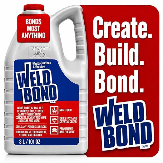 Weldbond Glue - Bonds Most Anything! 3L /101 oz Non-Toxic Adhesive Glue For Wood Tile Glass Craft Foam Fabric Stone Cement & Concrete & Any Other Porous Surfaces. No Fume Non-Flammable PVA Glue Gallon