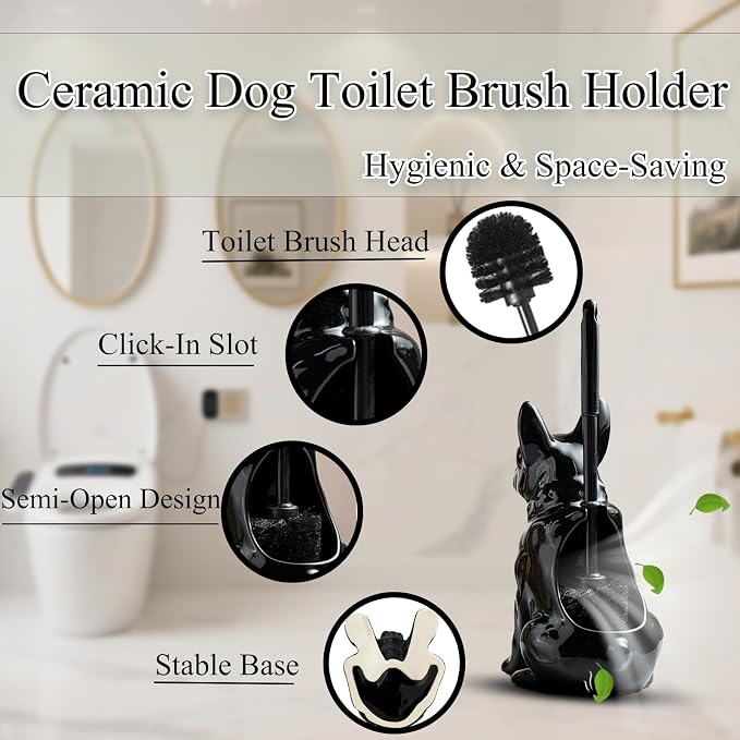 Ceramic French Bulldog Toilet Brush Holder – Hideaway Storage & Secure Fit, Space-Saving Design, Premium Ceramic Dog Lover Gift, Includes 2 Durable Scrub Brushes (Black)
