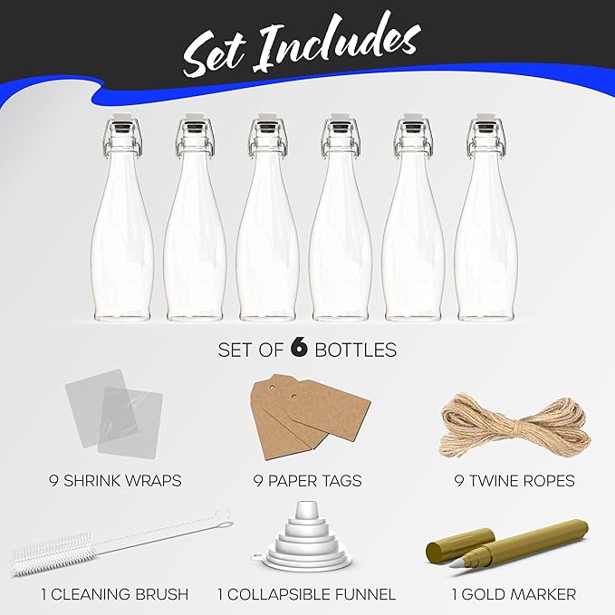 Nevlers 17 Oz Teardrop Swing Top Glass Bottles with Airtight Lid 6 Pack | Bottling Kit | Flip Top Glass Bottle with Stopper, Funnel, Brush, Shrink Wrap, Marker & Tags | Kombucha Bottles with Stoppers