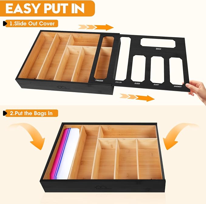 6 in 1 Bamboo Ziploc Bag Storage Organizer, Black Baggie Organizer for Drawer with Sliding Lid - Fits Gallon, Quart, Sandwich, Snack & Freezer Bags, Wall Mountable Kitchen Drawer Organization