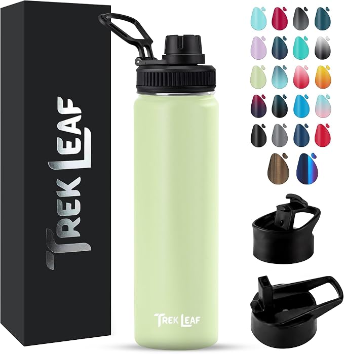 Travel Water Bottle with 3 Lids (Spout, Straw, Flip) Leak Proof, Quality, Vacuum Insulated, Stainless Steel (Sage Sprout, 22 oz)