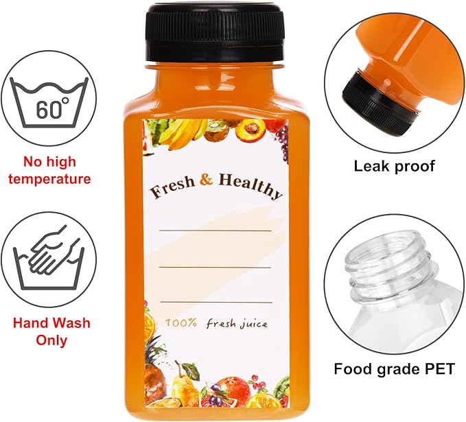 Moretoes 56pcs 8oz Plastic Juice Bottles with Caps, Reusable Clear Plastic Juicing Bottles Juice Containers with Lids Suitable for Milk, Milkshakes and Other Juiced Beverages