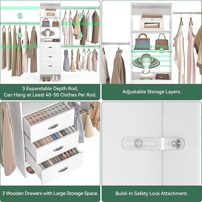 Besiost 96'' Closet Organizer System with 3 Hanging Rods, 8FT Closet Organizers and Storage with 3 Wooden Drawers, Built in Closet Organizer Systems, Adjustable Walk-in Wardrobe from 5-8FT, White