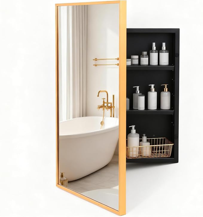 Brushed Sliver Metal Medicine Cabinet Right-Angled Rectangle-Design,Bathroom Mirror with Storage, Recessed or Surface Mounted, 2 Adjustable Metal Shelves (Brushed Gold, 24x32)