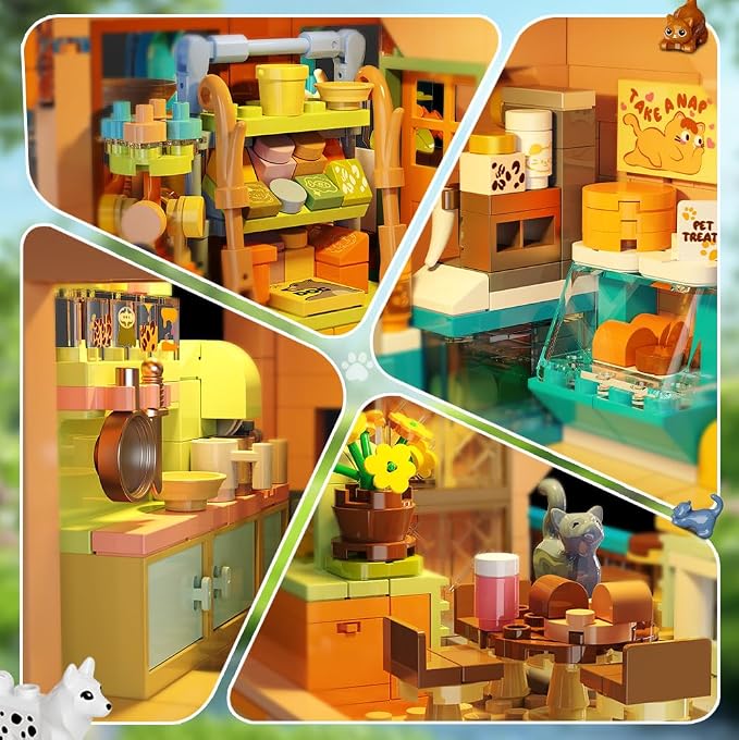 INSOON City Pet Shop Building Set with Lights for Adults Kids Boys Girls 8+ | 1431 PCS Cozy Pet Construction Toy with Cats Dogs, Cute Animal Store Miniature House Model Building Block Kit for Home Decor