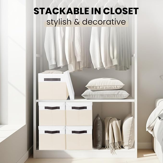 Large Nursery Closet Organizer Bins with Lids 4 Pack - 23 QT Decorative Storage Baskets for Living Room Bedroom Shelf - Stackable Storage Boxes with Lids Handles for Clothes Sweater Book Towel Purse