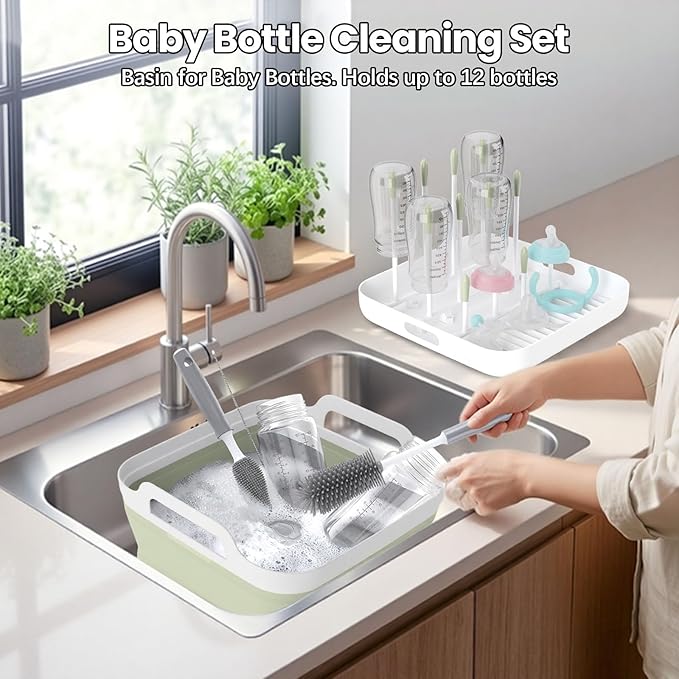 Volnamal Collapsible Wash Basin for Baby Bottles - Portable 2.4 Gallon Dish Basin with Drying Rack & Lid, Foldable RV Sink Tub for Camping, Sturdy Wash Tub for Kitchen, Camping, Outdoor Use (Green)