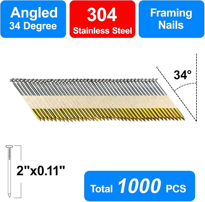 34-30 Degree 2 Inch Smooth Shank Paper Framing Nails,1000-Pack | 304 Stainless Steel D Head Tape Strip Nails for 30 to 34 degree Framing Nailer,fits indoor and outdoor building projects