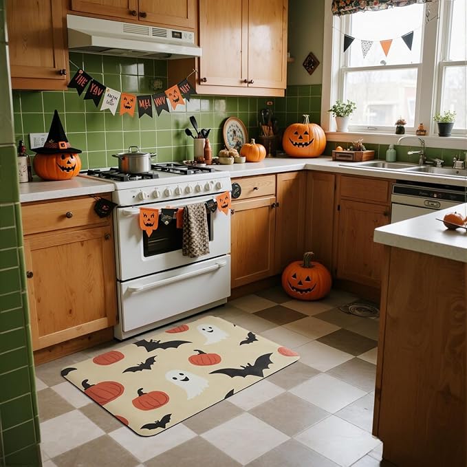 TYUU Halloween Bath Mat, Thin Bathroom Rug Non Slip Quick Dry Pumpkin Bath Mat Fits Under Door Thin Floor Mat Halloween Decor, 17''x30'', Pumpkins Bats and Ghost