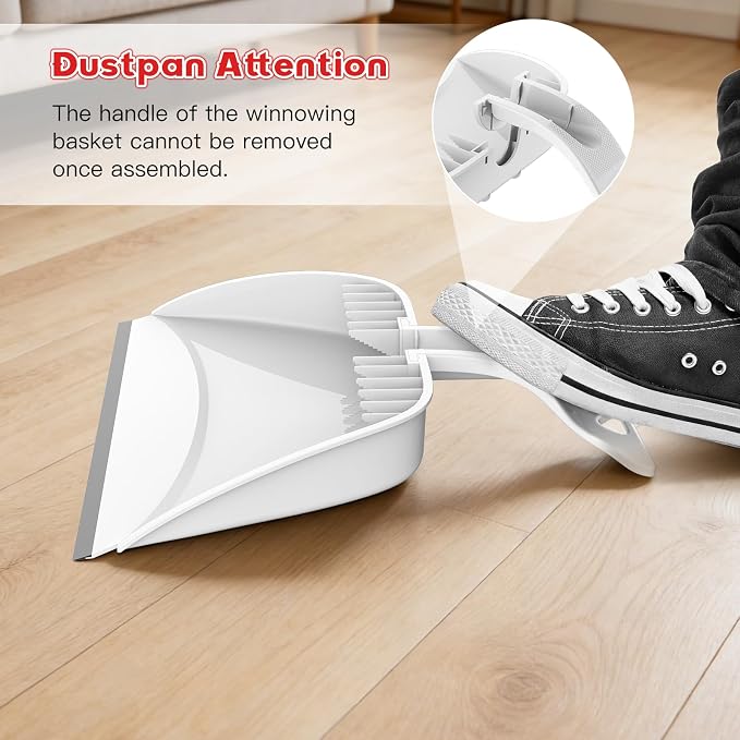 Broom and Step-on Dustpan Set, 59-in Adjustable Long Handle Broom with Dustpan Combo Set Outdoor Angle Broom for Sweeping Indoor Dust Pet Hair for Cleaning Kitchen Garage Deck Patio, White