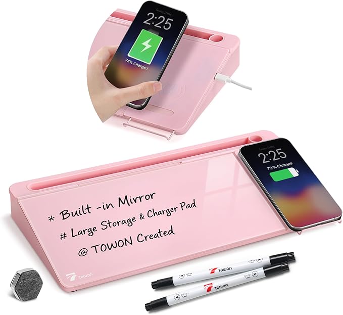 TOWON Desktop Glass Whiteboard with Charger Pad, Small Desk Whiteboard - Glass Dry Erase White Board- Desk Computer Buddy with Storage, Mirror and Charging Station, Pink, 17 x 6 in