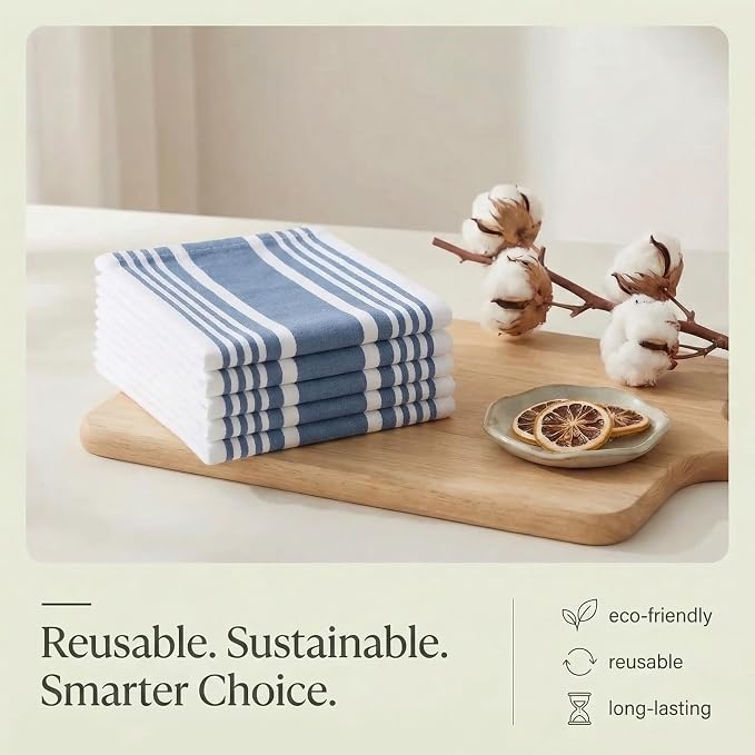 Urban Villa Kitchen Towels Cotton Dish Towels 20”x30” (Set of 6) Blue Wht