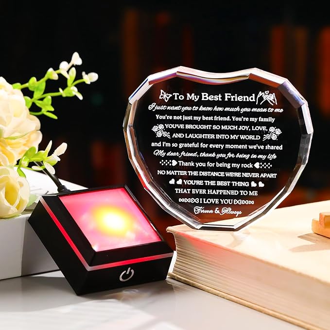 Arikyrist Best Friend Birthday Gifts with LED Base Crystal Heart Friendship BFF Gifts for Women Best Friend Bestie Gift Ideas for Women Gift for Female Friends on Christmas Wedding Valentine's Day