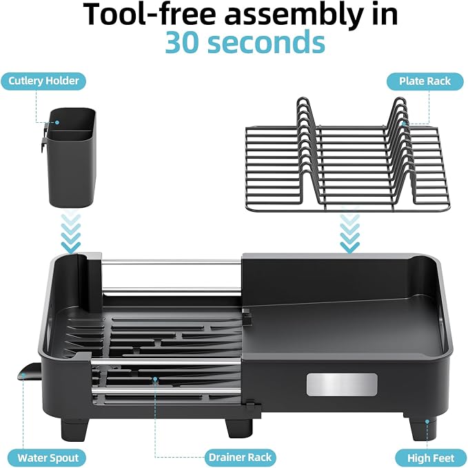 TOOLF Extendable Dish Drying Rack for Small Kitchen Counter, Black | 12.8-20.35 in, Unique Stainless Steel Design, Auto-Drainage, Perfect for Small Kitchens & Busy Kitchens