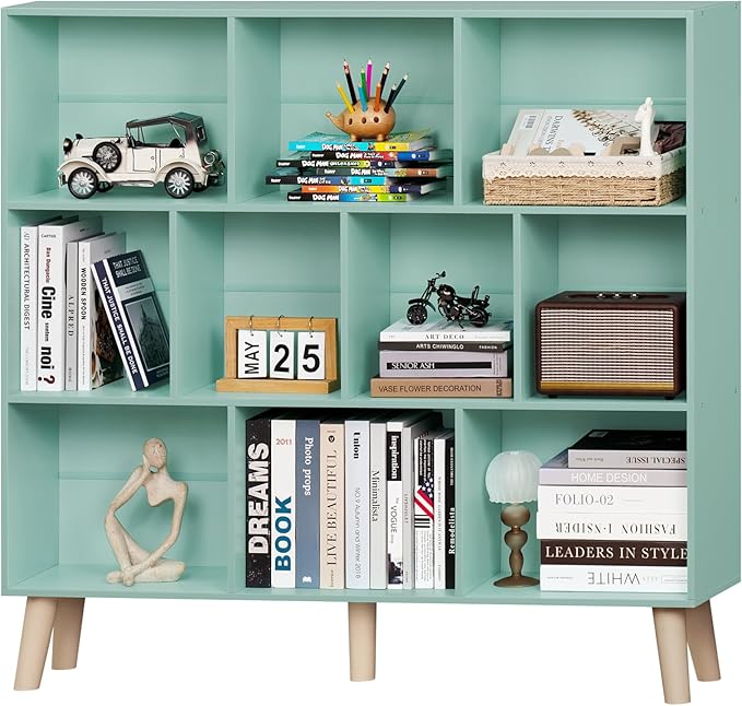 LEYAOYAO 10 Cube Bookshelf, Mid-Century Modern Book Shelf with Legs, Green | 3 Tier Bookcase, Rustic Wood Bookshelves Freestanding Large Storage Organizer, Open Shelves for Bedroom, Living Room, Office