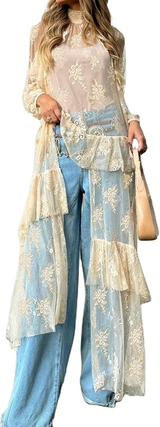Women Sheer Long Sleeve Lace Duster Robe See Thru Mesh Short Front Long Back Casual Flowy Top Asymmetrical Coverup