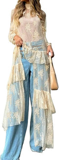 Women Sheer Long Sleeve Lace Duster Robe See Thru Mesh Short Front Long Back Casual Flowy Top Asymmetrical Coverup