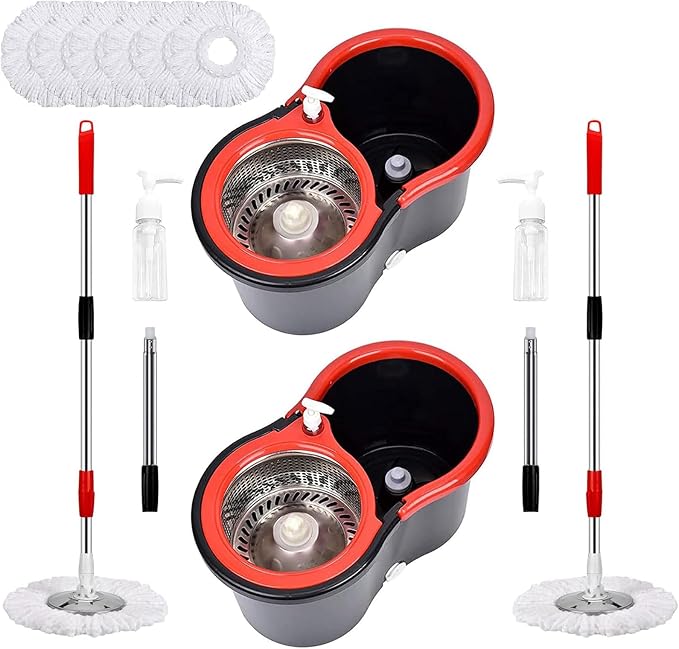 Operable 360 ° Rotating Mop Bucket Set,Mop and Bucket with Wringer Set,with 3 Microfiber Replacement Head,Stainless Steel Mop Bucket 61 Inch Adjustable Handle Household Cleaning Tools（2 Sets