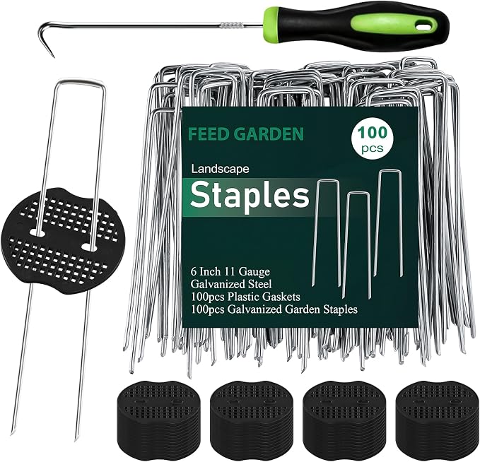 Landscape Staples 6 Inch 100 Pack Kit, Heavy Duty 11 Gauge Hot-Dip Galvanized Garden Stakes with 100 Gaskets & 1 Pick Hook for Weed Barrier, Landscape Fabric, Sod, Turf & Garden Edging