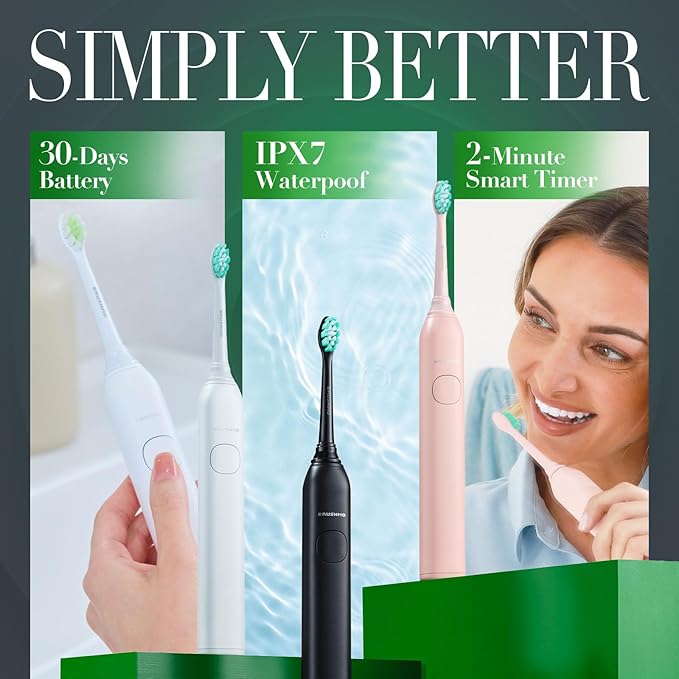 Brushmo Super Sonic Electric Toothbrush with 4 Replacement Heads - Rechargeable Electronic Tooth Brush for Adults with 5 Customizable Modes - IPX7 Waterproof & Long-Lasting Battery - Black