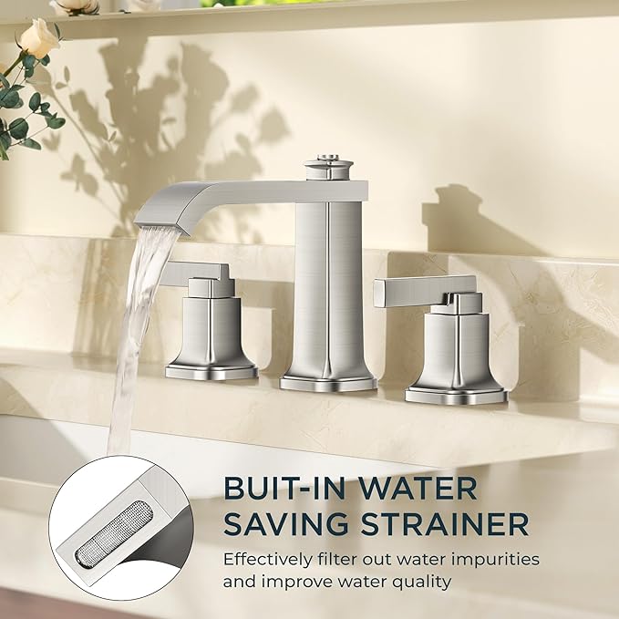 FORIOUS Brushed Nikcel Bathroom Faucet, 8 Inch Widespread Bathroom Vanity Faucets 3 Hole with Metal Pop Up Drain, Unique Waterfall Design