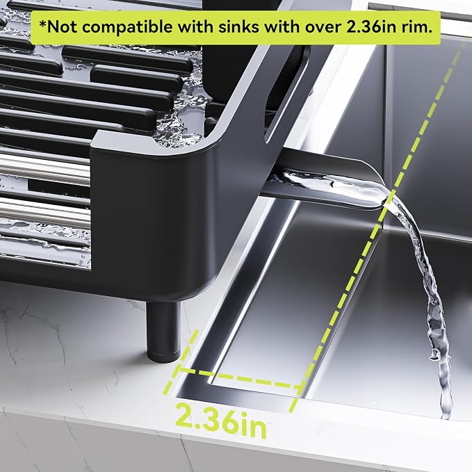 Urackify Stainless Steel Dish Drying Rack - Dish Drainer for Kitchen Counter, Extendable Drainboard with Foldable, Space-Saving Cup & Bowl Organizer, Includes Knife and Utensil Holder, Black