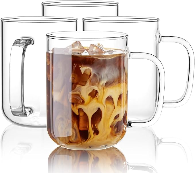 Glass Coffee Mugs, 24 oz Ice coffee cups, Large Clear Tea Cups Set of 4, Glass Mugs with Handles, Glass Cups for Latte, Cappuccino, and Tea