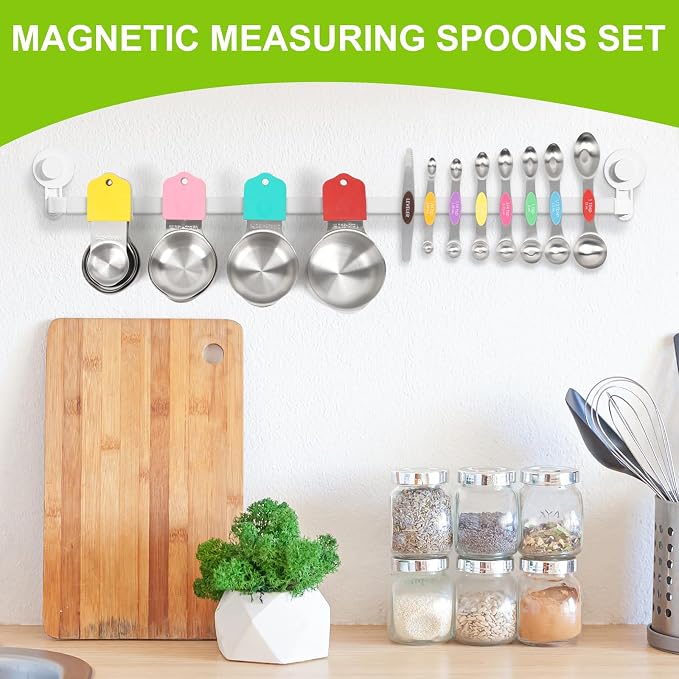 Magnetic Measuring Cups and Spoons Set | 16-Piece Stainless Steel Metal Baking Essentials (8 Cups +7 Spoons + 1 Leveler) with Space-Saving Design | Cookware Gift Idea