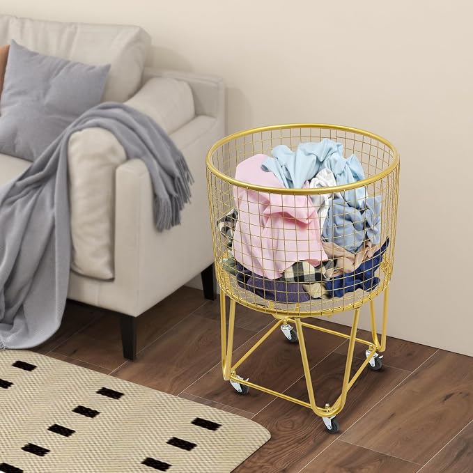 Rolling Laundry Hamper with Wheels Metal Wire Laundry Basket Cart Heavy Duty Clothes Toy Sundries Storage Organize Hamper Bin for Living Room Bathroom Closet Bedroom (Gold, Round 1)