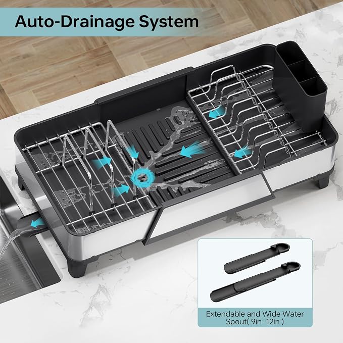 Urackify Large Expandable Dish Drying Rack for Kitchen Counter, Black | Triple Extendable 16.5"-24.2", Stainless Steel Anti-Rust Dish Drainers with Cutlery & Cup Holders for RV, Appartment,