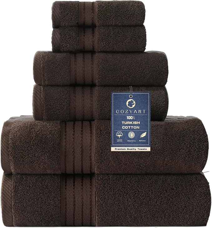 COZYART Luxury Bath Towel Set 6 Pcs, Brown 100% Turkish Cotton 650 GSM | OEKO-Tex 100 Certified Zero Twist Ring Spun, Soft Absorbent Quick Dry, Plush Fluffy, Breathable Hotel Quality for Daily Use
