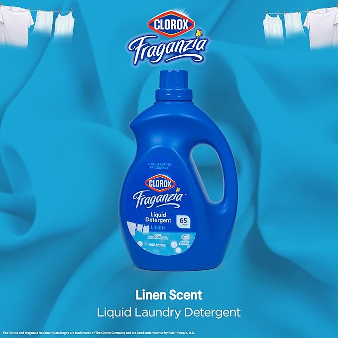 Clorox Fraganzia Liquid Laundry Detergent with Long-Lasting Linen Scent, High Efficiency Formula, 65 Loads per Bottle, All Washers, Fresh Fragrance, 100 Fl Oz