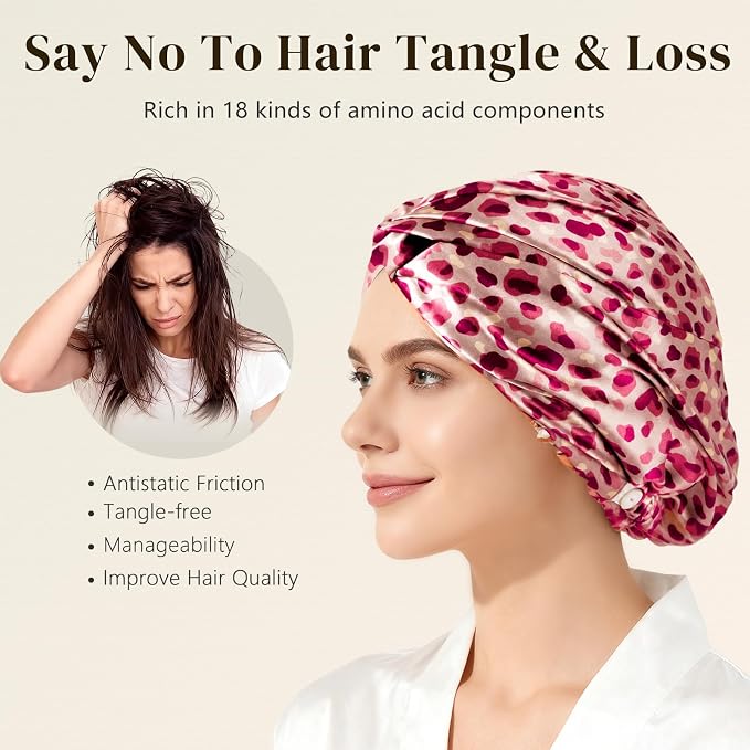 ZIMASILK 22 Momme 100% Mulberry Silk Bonnet for Sleeping & Women Hair Care, Highest Grade 6A Silk Hair wrap for Sleeping with Premium Elastic Stay On Head (1Pc, Leopard Pink/Purple)