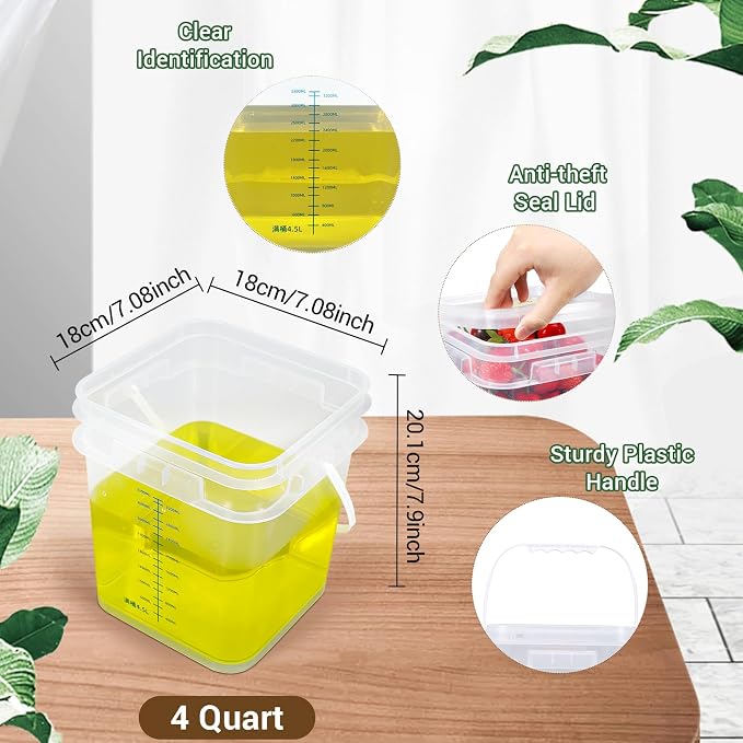 1 Gallon Food Storage Buckets with Lids, 4 Pack Square Clear BPA Free Plastic Containers with Handles and Labels for Pantry, Dry Goods, Meal Prep and Freezer
