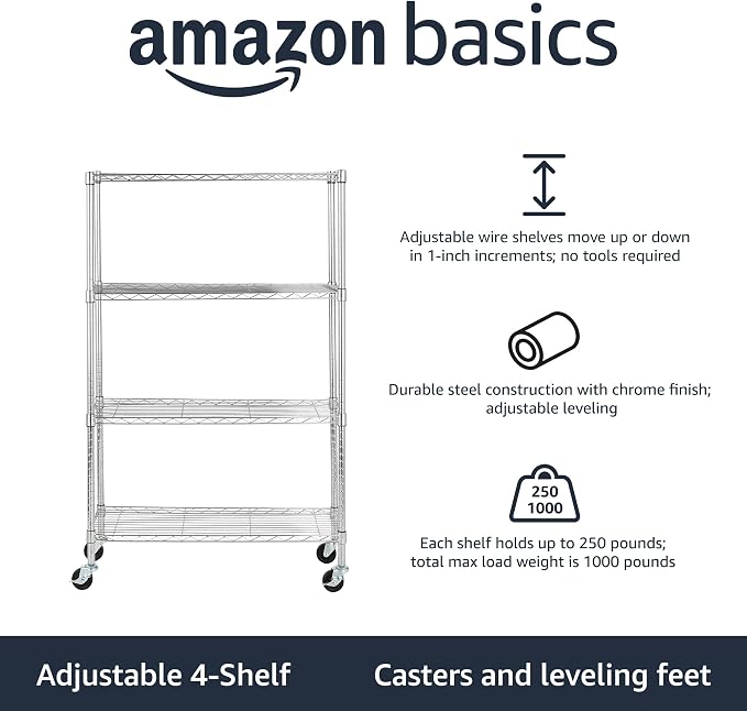 Amazon Basics 4-Shelf Adjustable Heavy Duty Storage Shelving Unit with Wheels, No-Tool Easy Assembly, Garage Shelving, Metal Wire Rack with Casters and Leveling Feet, 36" x 14" x 57.8", Chrome