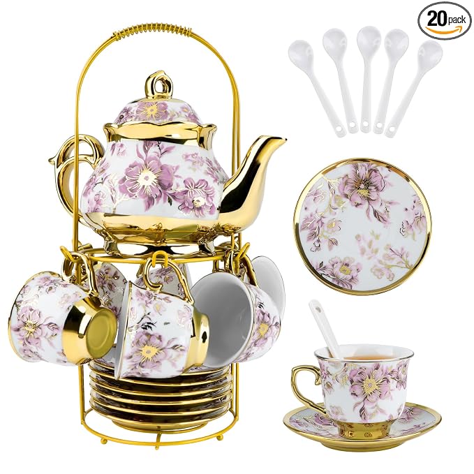 20 Pcs Porcelain Tea Set with Metal Holder European Flower Tea Sets for Adults, Ceramic Tea Party Set European Flower Painting Teapot Cup Saucer Spoon Set for Women, Large Version (Elegant Purple)