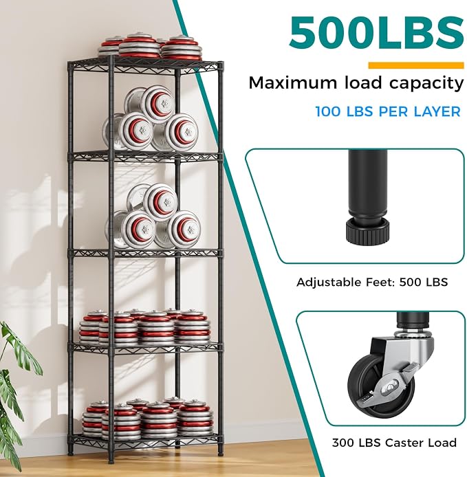 SINGAYE 5 Shelves Storage Shelf Wire Shelving Unit Metal Adjustable Wheels | Small Shelf Storage with Wheels Organizers Closet Unit for Bathroom Laundry Room Kitchen Pantry11.5D x 17.5W x 57H Black