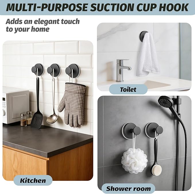 Large 15lb Suction Cup Hooks for Shower, No-Drill Bathroom Towel Hooks for Robes, Loofah, Removable Mountable on Glass, Tile, Mirrors, Smooth Non-Porous Surfaces (2, Matte Black)
