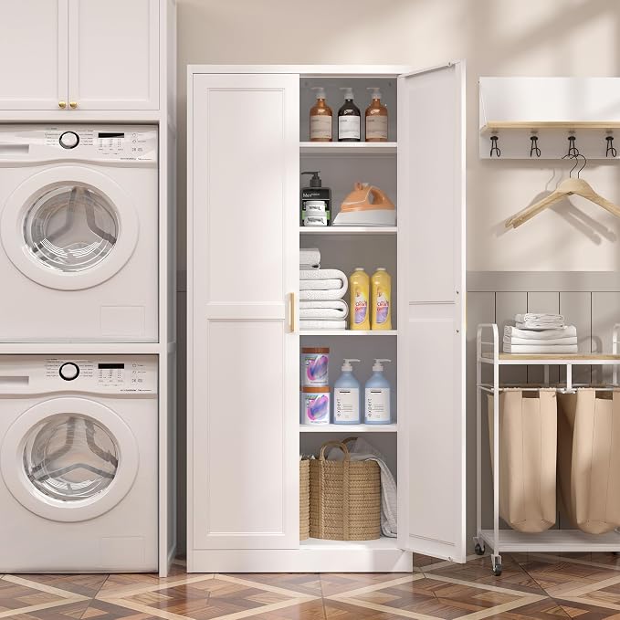 Steeloong 71"Metal Pantry Storage Cabinet with Doors & 4 Adjustable Shelves | Kitchen Pantry Cabinet,White Kitchen Cabinet with 2 Gold Handles,Tall Cabinet for Livingroom,Pantry, Bathroom,Kitchen