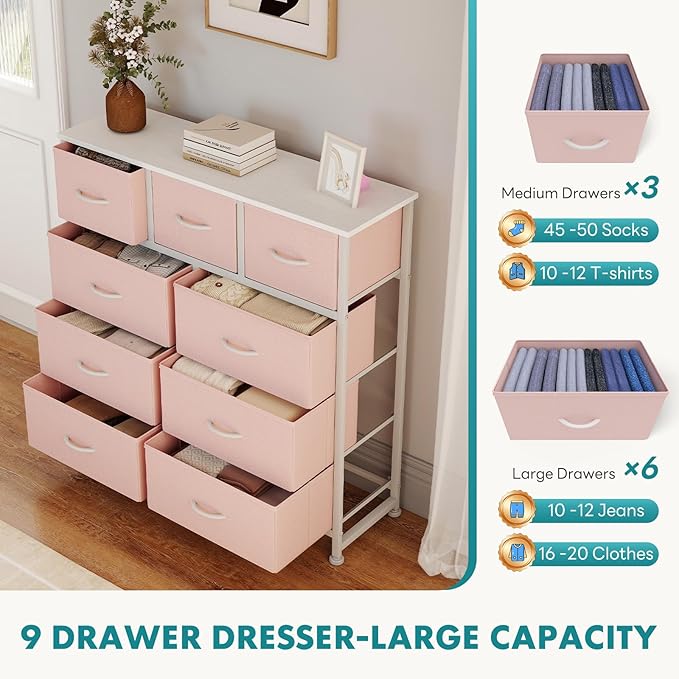 OLIXIS 9 Drawer Storage Dresser with Wood Top - Wide Fabric Chest Organizer for Bedroom, Closet, Living Room,Tower Cabinet, TV Stand, Hallway Entryway Furniture,Pink