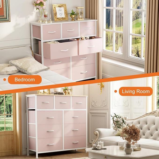 Sweetcrispy 9 Drawer Fabric Dresser Storage Tower with Wood Top and Steel Frame, Organizer Chest with Easy Pull Handles for Bedroom, Closet, Hallway,Pink