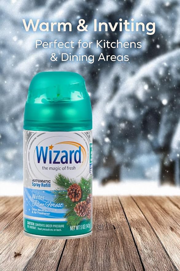 Wizard Automatic Spray Refill – Winter Pine Forest, 5 oz (12 Pack) | Compatible with Air Wick Freshmatic & Glade Dispensers | Long Lasting Odor Neutralizer for Home & Office